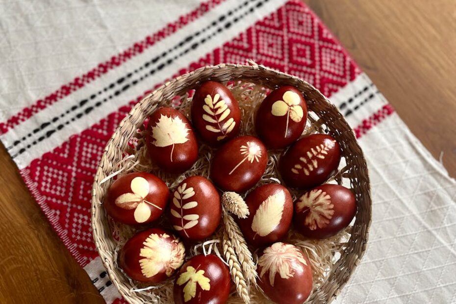 traditional easter eggs on embroidered cloth